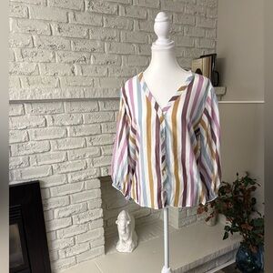 Elegant Striped V-Neck Blouse Size XL made of 100%Tencel